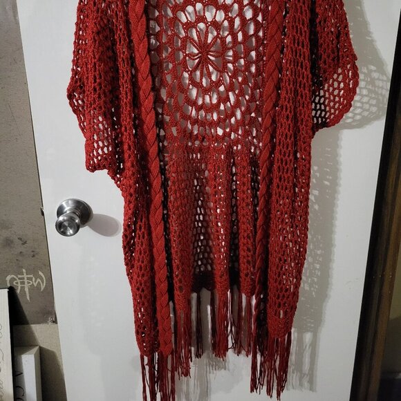 Umgee Jackets & Blazers - UMGEE RED CROCHET KNIT FRINGE CARDIGAN SZ M